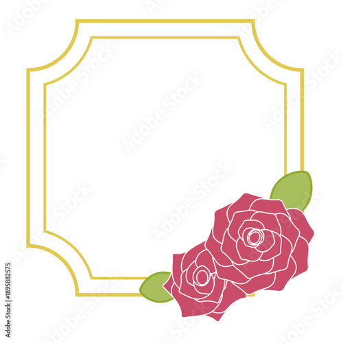 角が内側にカーブした金色ラインと薔薇の花の装飾フレームイラスト 二重線構造のクラシックラベル風スクエア枠 文字配置に適したシンプル素材