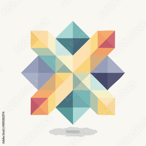 Geometric pattern forming a symmetrical shape with colorful facets and angled structures in a digital illustration