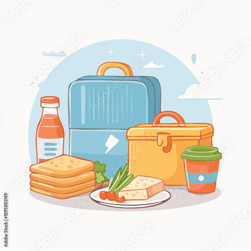 Traveler's picnic setup with sandwiches, snacks, and beverages arranged beside luggage and coffee, captured from a front viewpoint