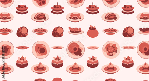 Seamless pattern of stylized food dishes and desserts in flat design style, repeating background.