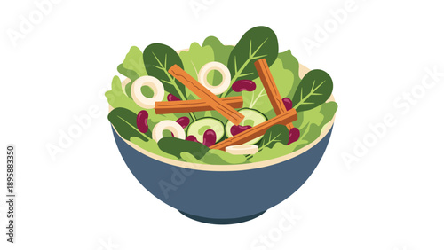 Nutritious garden salad in a blue bowl featuring lettuce cucumber beans and croutons in a fresh flat style illustration.