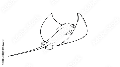 Unique stingray swimming with wide fins and a long tail in a detailed line art drawing capturing sea life for coloring.