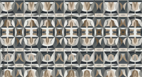 Geometric mosaic pattern with stylized floral elements in neutral tones, abstract tiling