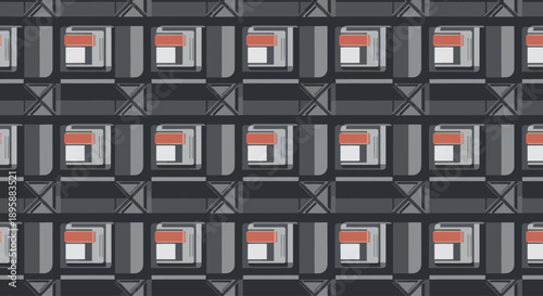Geometric pattern with repeating cubic elements in shades of grey and orange.