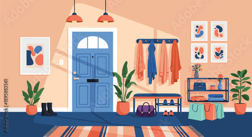Charming Hallway Vector Illustration with Blue Door and Cozy Decor Accents