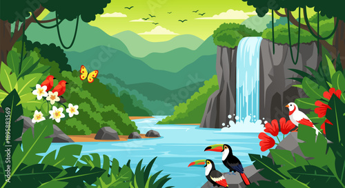Vibrant vector illustration of a lush tropical rainforest landscape with exotic birds and a waterfall