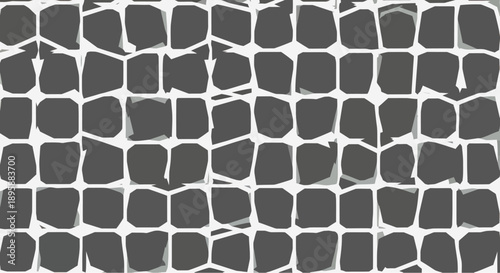 Abstract geometric pattern of dark gray squares with white outlines and irregular shapes