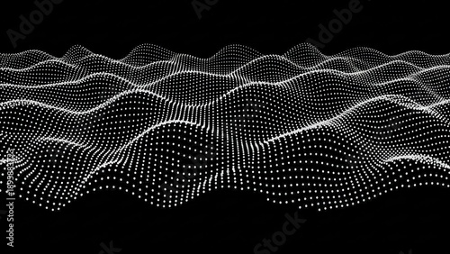 Abstract digital wave pattern with white dots on a black background, representing data or sound visualization.