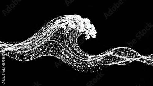 Abstract digital wave made of glowing white particles on a dark background, illustrating fluid motion and energy.
