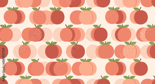 Repeating pattern of stylized peaches in shades of orange and coral with green leaves, flat design.