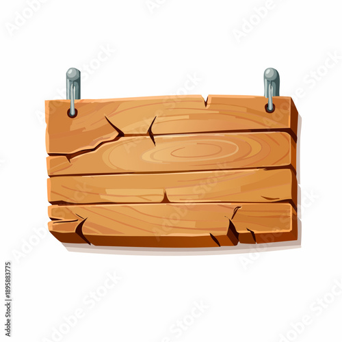 Wooden rectangular plaque with cracks for text box. Cartoon 3d render illustration of signboard with brown wood texture.