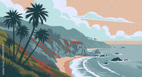 Scenic coastal landscape vector illustration with palm trees and ocean waves on a sunny day