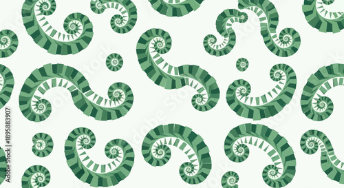 Abstract green spiral and swirl shapes on white background, repeating pattern, flat design