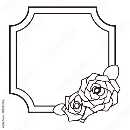 角が内側にカーブした薔薇の装飾フレームイラスト 二重線構造のクラシックラベル風スクエア枠 文字配置に適した素材