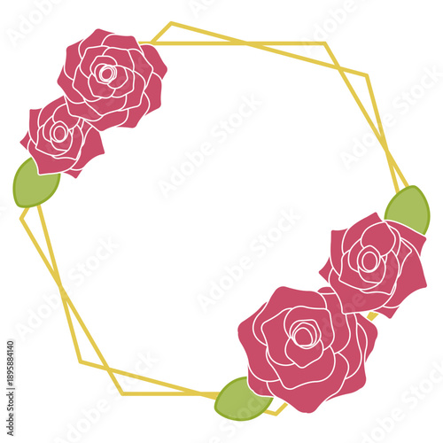 六角形の金色ラインと薔薇の花の装飾フレームイラスト 二重線構造のクラシックラベルデザイン 文字配置に使えるアンティーク調枠素材