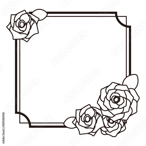 クラシックな薔薇の装飾付きの正方形ラベル風フレームイラスト 二重線の装飾枠 レトロで上品なスクエアデザイン