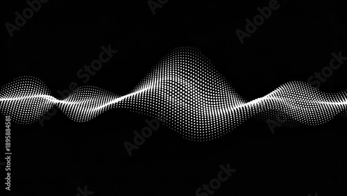 Abstract visualization of a sound wave's amplitude and frequency, rendered as a shimmering, undulating surface of tiny dots against a stark black background.