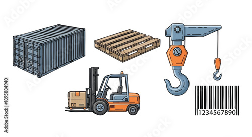 Industrial logistics and shipping icons including a cargo container, forklift, wooden pallet, crane hook, and barcode