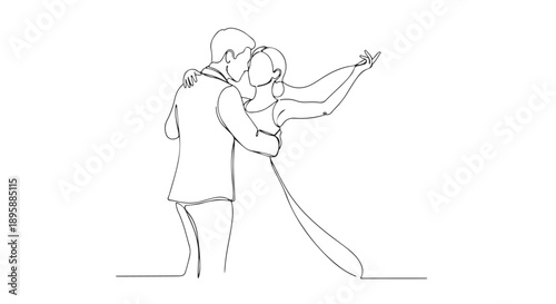 Elegant wedding dance a continuous line drawing of a bride and groom embracing romantically
