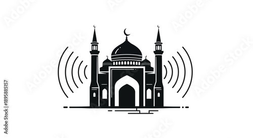 Mosque Silhouette with Minarets and Dome.