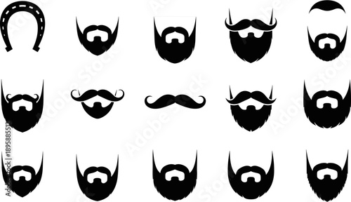 Black Silhouette Set of Various Beard and Mustache Styles with Horseshoe Magnet, Masculine Grooming and Barber Shop Facial Hair Icons.