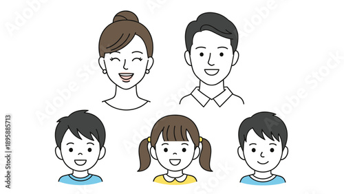 Set of five smiling family portraits featuring a mother father and three children showing their diverse and happy bond.
