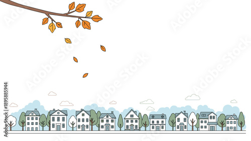 Peaceful residential street with a row of diverse houses and trees losing their brown leaves during the autumn season.