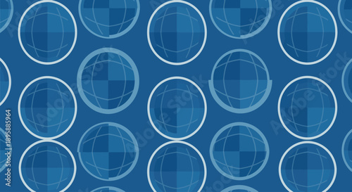 Blue globes with grid lines in a repeating pattern on a solid blue background.
