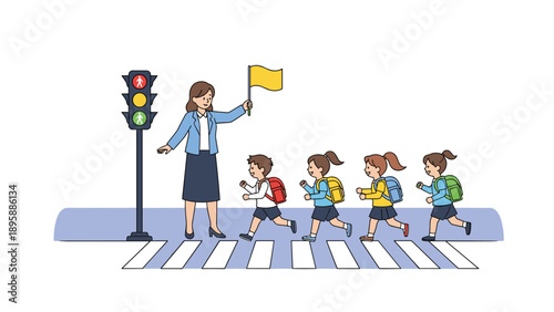 Professional female crossing guard holding a yellow flag to help a group of school children cross the road safely.