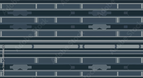 Abstract geometric pattern with horizontal lines and rectangular shapes in shades of blue and grey.