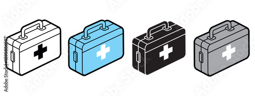 Collection of first aid kit icons in various colors, depicting essential medical supplies