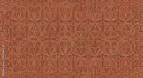 Repeating abstract geometric pattern in warm brown tones with intricate linear details.