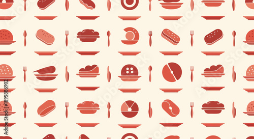 Seamless pattern of food icons, including pies, sandwiches, and cutlery, in a flat design style.