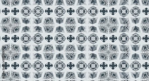 Geometric abstract pattern with repeating faceted shapes and cross motifs in grayscale tones.