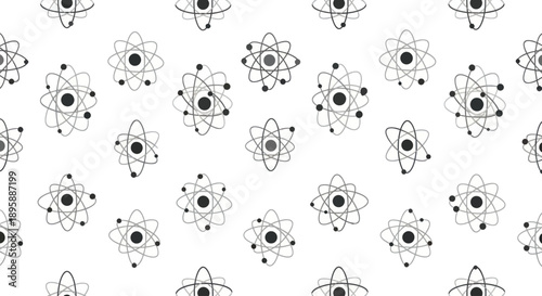 Seamless pattern of stylized atoms with orbits and electrons, flat design in gray and black on white.