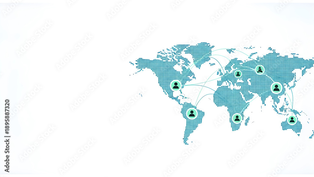 Fototapeta premium グローバルチームの連携と遠隔コミュニケーションのフラットデザインイラスト。世界地図、DX推進、ネットワーク、信頼の繋がり。左側に広いコピースペース。