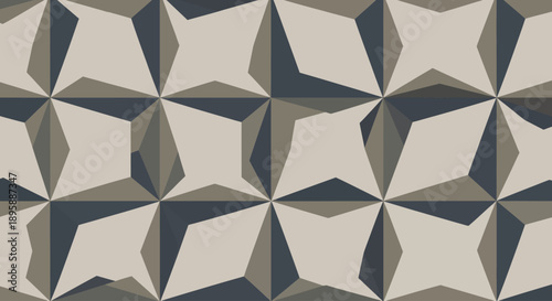 Geometric abstract pattern with interlocking diamond shapes in beige, grey, and dark blue.