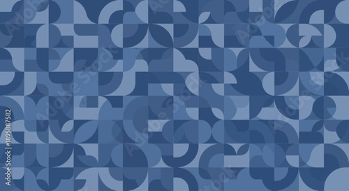 Abstract geometric pattern with blue curved shapes and squares in a repeating tessellation.