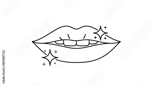 Simple line art illustration of human lips and front teeth with sparkling stars representing clean dental health or a bright smile.