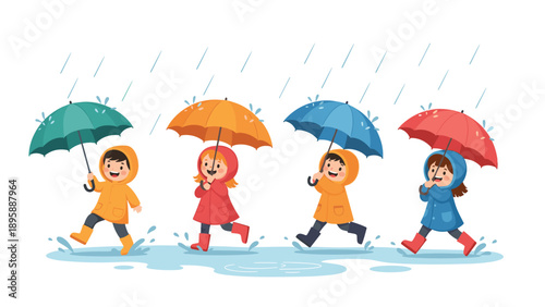 Group of happy children wearing colorful raincoats and boots while walking through puddles with umbrellas during a rainy day.