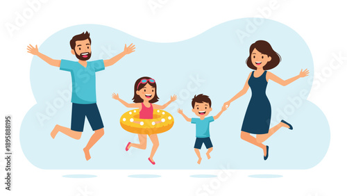 Happy family of four jumping high in the air with excitement while wearing swimwear for a fun summer vacation at the beach.
