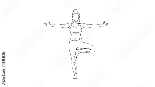 Minimalist vector outline illustration of a woman demonstrating a balancing yoga pose, promoting health, fitness, and mindfulness