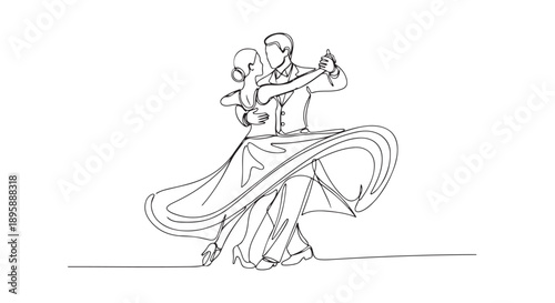 Abstract continuous line art illustration of a graceful ballroom dancing couple, capturing the elegance and fluid motion of a romantic dance performance