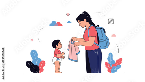 Caring mother with a blue backpack showing a pink shirt to her toddler son in a diaper while preparing for an outing.