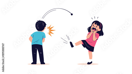 Upset young girl kicking a boy from behind in a school bullying situation depicted in a flat vector illustration style.