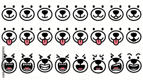 Monochrome emoji faces set in a two-row grid with varied expressions, outlines and blush accents for icons, stickers and design projects