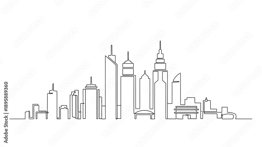 Naklejka premium Cityscape illustration with modern skyscrapers and office buildings in a minimalist line art style from a straight-on viewpoint