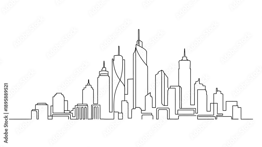 Fototapeta premium Cityscape illustration featuring skyscrapers and urban landscape from a distant viewpoint