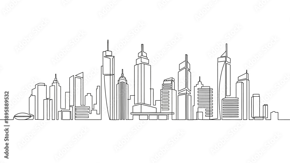 Obraz premium Cityscape illustration with skyscrapers and buildings viewed from a distance on a white background