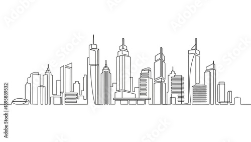 Cityscape illustration with skyscrapers and buildings viewed from a distance on a white background